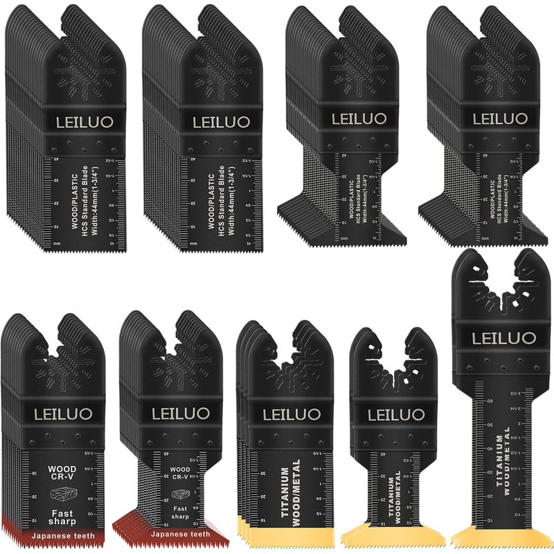 LEILUO 96 Pcs Multitool Blade Kits for Wood Nails Drywall Japanese Tooth Oscillating Saw Blades Titanium Oscillating Tool Accessories with Storage Bag Compatible with DeWalt Makita Dremel and More - Image 1